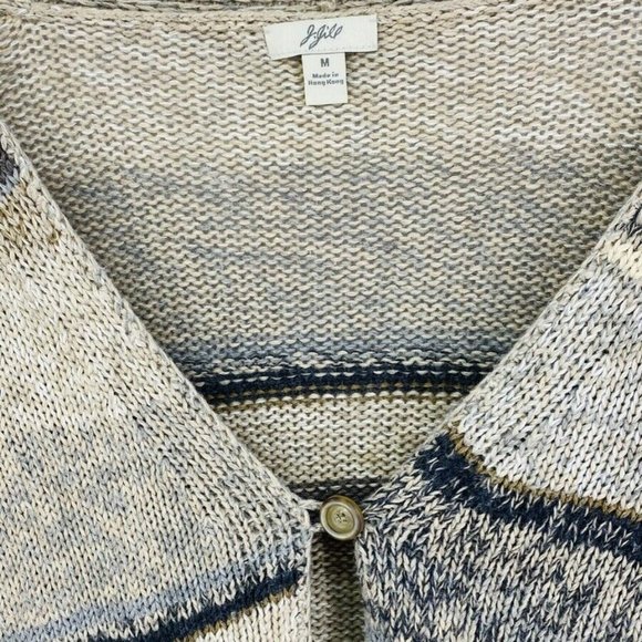 J Jill 1 Button Cardigan Sweater Medium Lambs Wool Blend Striped Neutral Colors - Picture 6 of 7